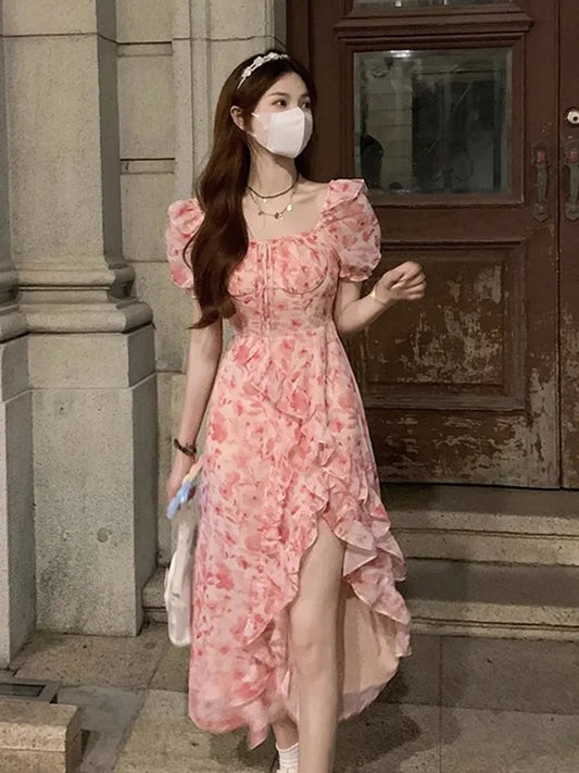 Vintage Puff Sleeve Irregular Print Dresses